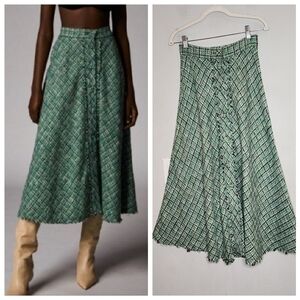 Zara Tweed Green Plaid A-Line Midi Maxi Button Front Fringe Skirt Size XS